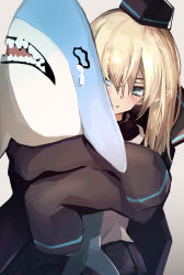Rule 34 | 1girl, 8rk9, absurdres, arknights, bad id, bad pixiv id, blonde hair, blue eyes, blush, cowboy shot, crying, durin (arknights), hat, highres, jacket, long hair, hugging object, open clothes, open jacket, pointy ears, shark, skirt, sleeves past fingers, sleeves past wrists, solo, stuffed animal, stuffed toy, tears
