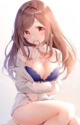 Rule 34 | 1girl, absurdres, bare legs, blouse, blue bow, blue bra, blush, bow, bra, breast hold, breasts, brown hair, cleavage, collarbone, colored eyelashes, commentary request, gradient background, grey background, hair bow, head tilt, highres, idolmaster, idolmaster shiny colors, kinako (shiratama mochi), large breasts, long hair, looking at viewer, mouth hold, open clothes, open shirt, pink eyes, ribbon, shiny skin, shirt, signature, sitting, solo, thighs, tsukioka kogane, underwear, white background, white shirt