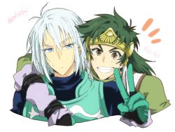 Rule 34 | 2boys, armor, blue eyes, brown eyes, gloves, green hair, grin, headband, long hair, multiple boys, open mouth, silver hair, tales of (series), tales of rebirth, tytree crowe, v, veigue lungberg