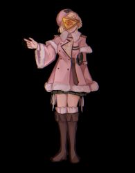 Rule 34 | 1girl, absurdres, arm up, black background, blonde hair, boots, bow, buttons, chromatic aberration, ciconia no naku koro ni, covered eyes, eye of horus, fur trim, highres, jacket, jestress, looking at viewer, miniskirt, pink jacket, rustorange, short hair, simple background, skirt, smile, solo, tassel