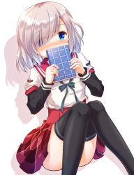 Rule 34 | 1girl, black sleeves, black thighhighs, blue eyes, blue ribbon, blunt bangs, blush, book, breast pocket, chauke, commentary, covering own mouth, diagonal bangs, diary, dot nose, eyes visible through hair, feet out of frame, grey hair, hair over one eye, highres, holding, holding book, isuzu ren, kamihama university affiliated school uniform, layered sleeves, long sleeves, looking at viewer, magia record: mahou shoujo madoka magica gaiden, mahou shoujo madoka magica, medium hair, miniskirt, neck ribbon, plaid, plaid skirt, pleated skirt, pocket, red sailor collar, red skirt, ribbon, sailor collar, school uniform, serafuku, shirt, short over long sleeves, short sleeves, simple background, sitting, skirt, solo, swept bangs, thighhighs, white background, white shirt