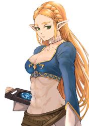 Rule 34 | 6maker, abs, absurdres, blonde hair, blue shirt, braid, breasts, choker, cleavage, closed mouth, commission, cowboy shot, expressionless, green eyes, highres, holding, long hair, long sleeves, looking at viewer, medium breasts, midriff, muscular, muscular female, nintendo, pixiv commission, pointy ears, princess zelda, shirt, sidelocks, simple background, standing, the legend of zelda, the legend of zelda: breath of the wild, triforce print, white background