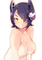 Rule 34 | 10s, 1girl, breasts, eyebrows, eyepatch, female focus, grin, headgear, kantai collection, large breasts, lillithlauda, looking at viewer, nipples, nude, parted lips, puffy nipples, purple hair, short hair, smile, solo, tenryuu (kancolle), yellow eyes