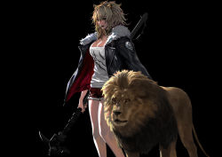 Rule 34 | 1girl, animal, animal ears, arknights, arms at sides, bare legs, black jacket, blonde hair, breasts, brown hair, choker, cigarette, cleavage, cutoffs, diaodiao, feet out of frame, fur-trimmed jacket, fur trim, highres, holding, holding weapon, jacket, large breasts, lion ears, long sleeves, looking at viewer, medium hair, messy hair, mouth hold, open clothes, open jacket, print shirt, red lips, scar, scar across eye, scar on face, shirt, shorts, siege (arknights), simple background, standing, tank top, weapon, white shirt