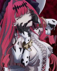 Rule 34 | 1girl, bare shoulders, black gloves, bracelet, breasts, circlet, cleavage, colored skin, covered mouth, detached sleeves, dress, earrings, baobhan sith (fate), baobhan sith (third ascension) (fate), fang, fangs, fate/grand order, fate (series), gloves, grey eyes, grey skin, hair between eyes, hand on own face, hat, highres, jewelry, large breasts, long hair, no bra, open mouth, pink hair, pointy ears, revealing clothes, solo, torn clothes, torn dress, white dress