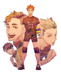 Rule 34 | 4boys, absurdres, aged up, bad id, bad twitter id, ball, bokuto koutarou, brown hair, clenched hand, haikyuu!!, highres, hinata shouyou, holding, holding ball, looking at viewer, male focus, miya atsumu, multiple boys, open mouth, orange hair, outline, sakusa kiyoomi, shiraumi8351, shoes, simple background, smile, sneakers, sportswear, standing, teeth, tongue, tongue out, volleyball uniform