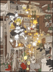 Rule 34 | 1girl, aged down, arms up, bad id, bad pixiv id, blonde hair, bloomers, bobby socks, book, bow, broom, cat, charin, erlenmeyer flask, female focus, flask, glowing, happy, hat, indoors, kirisame marisa, messy, messy room, mini-hakkero, open book, outstretched arms, room, socks, solo, standing, standing on one leg, star (symbol), touhou, underwear, witch hat, yellow eyes
