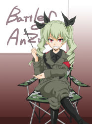 Rule 34 | 10s, 1girl, anchovy (girls und panzer), armband, belt, black footwear, black shirt, blouse, boots, camouflage, chair, dress shirt, drill hair, english text, girls und panzer, grey hair, grey jacket, grey pants, grin, hair ribbon, holding, jacket, jodhpurs, knee boots, long hair, long sleeves, looking at viewer, military, military uniform, mizutani hozumi, necktie, pants, pants tucked in, purple eyes, ribbon, riding crop, shirt, sitting, smile, solo, twin drills, twintails, uniform