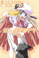 Rule 34 | 1girl, blue eyes, bow, buttons, cape, dog, frisbee, galore, hat, large buttons, little busters!, lowleg, lowleg panties, noumi kudryavka, panties, pink bow, solo, strelka, underwear