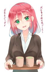 Rule 34 | 10s, 1girl, business suit, cup, formal, green eyes, green tea, highres, holding, holding tray, kurosawa ruby, lemontea3691, looking at viewer, love live!, love live! sunshine!!, aged up, open mouth, red hair, suit, tea, translated, tray