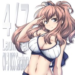 Rule 34 | 1girl, 547th sy, bikini, breasts, brown hair, character name, cleavage, collarbone, grey eyes, hair between eyes, highres, kantai collection, large breasts, looking at viewer, navel, ponytail, saratoga (kancolle), sidelocks, smile, solo, swimsuit, upper body, white bikini
