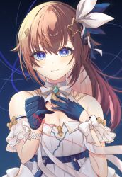 Rule 34 | 1girl, :3, absurdres, arm garter, black shirt, blue eyes, blue gloves, blue ribbon, blush, breasts, brown hair, cleavage, commentary, diamond hair ornament, dress, gloves, hair flaps, hair ornament, hair ribbon, hairclip, half gloves, hand on own chest, harusame349, highres, hololive, long hair, looking at viewer, medium breasts, official alternate costume, official alternate hairstyle, open mouth, ribbon, shirt, solo, star (symbol), star hair ornament, string, string of fate, tokino sora, tokino sora (birthday 2022), underbust, virtual youtuber, white dress, white ribbon