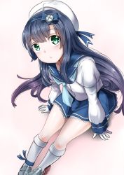 Rule 34 | 1girl, bad id, bad pixiv id, black hair, blue neckwear, blue sailor collar, blue skirt, gradient hair, green eyes, hat, kaeru (ka=l), kantai collection, long hair, long sleeves, looking at viewer, matsuwa (kancolle), multicolored hair, pink hair, pleated skirt, sailor collar, sailor hat, school uniform, serafuku, simple background, sitting, skirt, solo, white background, white hat