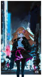 Rule 34 | 1girl, black jacket, black pantyhose, black skirt, blue eyes, braid, brown hair, city, commentary, cropped jacket, english commentary, feet out of frame, hand on own chest, hand up, highres, hood, hooded jacket, jacket, kotonohouse gal, long hair, long sleeves, looking at viewer, midriff, night, open clothes, open jacket, original, outdoors, pantyhose, parted lips, second-party source, shirt, side braid, skirt, sleeves past wrists, solo, standing, tokiya, twintails, white shirt, wind