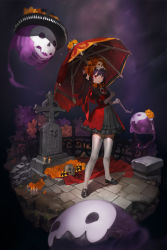 Rule 34 | 1girl, absurdres, bad kim, candle, dress, full body, ghost, gothic lolita, halloween, highres, lolita fashion, looking at viewer, original, purple hair, red eyes, skull, solo, thighhighs, tombstone, umbrella, white thighhighs