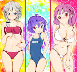 Rule 34 | 3girls, bare shoulders, bikini, blue eyes, blush, braid, breast hold, breasts, cleavage, curvy, female focus, flat chest, groin, height difference, izayoi sakuya, large breasts, leaning forward, light purple hair, long hair, looking at viewer, midriff, multiple girls, navel, no headwear, no headwear, one-piece swimsuit, patchouli knowledge, purple eyes, purple hair, remilia scarlet, reri, school swimsuit, short hair, silver hair, size difference, skindentation, smile, swimsuit, touhou, twin braids