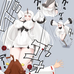 Rule 34 | 10s, 2girls, abyssal ship, ahoge, bifidus, blood, breasts, brown hair, curvy, detached sleeves, dress, hairband, high heels, horns, japanese clothes, jumping, kantai collection, kongou (kancolle), large breasts, long hair, multiple girls, personification, red eyes, ribbed dress, seaport princess, short dress, simple background, single horn, thighs, very long hair, white hair