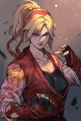 Rule 34 | 1girl, blonde hair, blue eyes, bow, clenched hand, collarbone, dougi, fingerless gloves, gloves, high ponytail, hungry clicker, karate gi, lidia sobieska, long hair, looking at viewer, red bow, red lips, scar, scar on face, solo, tekken