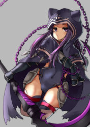 Rule 34 | 1girl, absurdres, armor, black capelet, black cloak, black gloves, black leotard, braid, breastplate, capelet, chain, cloak, collar, covered navel, fate (series), female focus, gloves, gluteal fold, grey background, hand on own chest, highres, hood, kourou (kouroukun), leotard, long hair, looking at viewer, matching hair/eyes, medusa (fate), medusa (lancer) (fate), medusa (rider) (fate), ponytail, purple eyes, purple hair, rider, scythe, simple background, solo, thigh gap, thigh strap, thighhighs, thighs, weapon