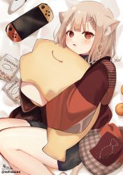 Rule 34 | + +, 1girl, absurdres, animal ears, bad id, bad pixiv id, bed sheet, black shorts, blush, braid, brown eyes, brown hair, cat ears, cat girl, cat tail, commentary request, controller, fang, food, fruit, game controller, highres, long hair, long sleeves, looking at viewer, lying, mandarin orange, nintendo switch, hugging object, on side, original, parted lips, romaji text, short shorts, shorts, signature, sofra, solo, stuffed animal, stuffed fish, stuffed toy, tail, twitter username, wide sleeves