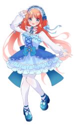 Rule 34 | 168 azusa, 1girl, absurdres, alternate costume, back bow, blue bow, blue dress, blue footwear, blue gemstone, bow, cross-laced clothes, dress, dress bow, footwear bow, full body, gem, genshin impact, hair bow, hand up, highres, long hair, long sleeves, looking at viewer, low twintails, nilou (genshin impact), pantyhose, red hair, simple background, solo, standing, twintails, white background, white pantyhose