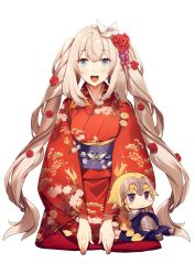 Rule 34 | 1girl, blonde hair, blue eyes, character doll, fate/grand order, fate (series), floral print, highres, japanese clothes, jeanne d&#039;arc (fate), jeanne d&#039;arc (ruler) (fate), kimono, long hair, looking at viewer, marie antoinette (fate), no-kan, open mouth, print kimono, red kimono, sash, simple background, smile, solo, very long hair, wide sleeves