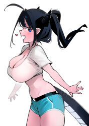 Rule 34 | 1girl, ahoge, aqua shorts, belt, black hair, blue eyes, breasts, cleavage, collarbone, commentary, cowboy shot, crop top, dismassd, dragon girl, dragon horns, dragon tail, fang, from side, hair intakes, heart, highres, horns, large breasts, long hair, looking at viewer, lowleg, lowleg shorts, midriff, navel, open mouth, original, outstretched arms, ponytail, scoop neck, shirt, short shorts, short sleeves, shorts, sidelocks, sideways glance, simple background, skin fang, skindentation, smile, solo, symbol-only commentary, tail, white background, white shirt