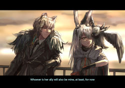 Rule 34 | 1boy, 1girl, animal ears, arknights, bird, chinese commentary, cishi nianshao, english text, frostnova (arknights), highres, letterboxed, rabbit ears, scar, scar on face, scar on nose, silverash (arknights), tenzin (arknights), white hair