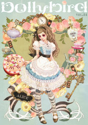 Rule 34 | 1girl, alice in wonderland, apron, blonde hair, cake, card, cup, doll joints, floating card, flower, food, hair ribbon, joints, key, matsuo hiromi, pink flower, pink rose, pocket watch, ribbon, rose, solo, teapot, watch