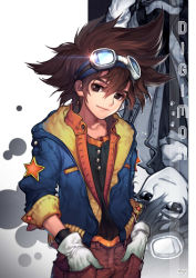 Rule 34 | 1boy, aged up, brown eyes, brown hair, copyright name, digimon, digimon adventure, gloves, goggles, goggles on head, gradient background, hands in pockets, highres, kawacy, male focus, partially colored, signature, smile, solo, star (symbol), watermark, white background, white gloves, yagami taichi
