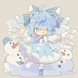Rule 34 | 1girl, ;q, adapted costume, ahoge, blue bow, blue dress, blue eyes, blue footwear, blue hair, blush stickers, boots, bow, bright pupils, chibi, cirno, detached wings, dress, full body, fur-trimmed boots, fur trim, hair bow, highres, ice, ice wings, long sleeves, looking at viewer, nikorashi-ka, one eye closed, outstretched arms, snowman, solo, spread arms, standing, standing on one leg, star-shaped pupils, star (symbol), symbol-shaped pupils, tongue, tongue out, touhou, white dress, white pupils, wings