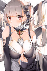 Rule 34 | 1girl, azur lane, black dress, blush, breasts, cleavage, dduck kong, dress, earrings, formidable (azur lane), frilled dress, frills, grey hair, highres, jewelry, large breasts, platinum blonde hair, pout, red eyes, solo, twintails, two-tone dress, two-tone ribbon