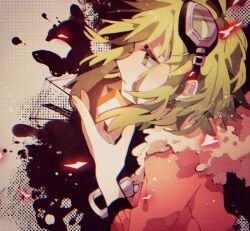 Rule 34 | 1girl, bad id, closed mouth, cube, from side, fur trim, goggles, goggles on head, green eyes, green hair, gumi, halftone, highres, hood, hood down, hoodie, inactive account, inkblot, jacket, jinsei reset button (vocaloid), looking up, ruri-animal0426, short hair, sidelocks, signature, solo, two-tone background, vocaloid
