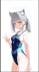 Rule 34 | 1girl, animal ear fluff, animal ears, black one-piece swimsuit, blue archive, blue eyes, breasts, cloud, competition swimsuit, covered navel, cowboy shot, cross hair ornament, extra ears, grey hair, hair ornament, halo, highres, krukaru, low ponytail, medium breasts, medium hair, mismatched pupils, multicolored clothes, multicolored swimsuit, official alternate costume, one-piece swimsuit, shiroko (blue archive), shiroko (swimsuit) (blue archive), simple background, smile, solo, swimsuit, v, white background, wolf ears