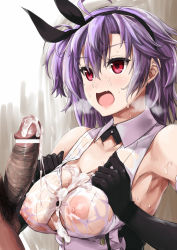 Rule 34 | 1boy, 1girl, after paizuri, azur lane, bar censor, black bow, black gloves, blush, bow, breasts, breasts squeezed together, breath, censored, collarbone, commander (azur lane), cum, elbow gloves, erection, fang, frills, gloves, hair between eyes, hair bow, hairband, hetero, highres, kent (azur lane), large breasts, male pubic hair, military, military uniform, morimoto kiyona, nipples, open mouth, penis, pubic hair, purple eyes, purple hair, see-through, shirt, sidelocks, sleeveless, smile, solo focus, tsurime, uniform, upper body, vest, wet, wet clothes, wet shirt