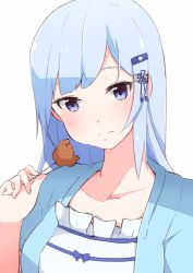 Rule 34 | 1girl, blue eyes, blue hair, blue jacket, blush, closed mouth, eating, enelis, hair ornament, idolmaster, idolmaster million live!, idolmaster million live! theater days, jacket, karaage, light blue hair, long hair, looking at viewer, shiraishi tsumugi, simple background, solo, upper body, white background
