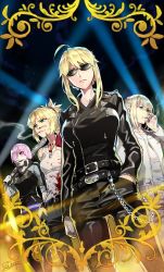 Rule 34 | 1boy, 3girls, artoria pendragon (fate), artoria pendragon (lancer) (fate), bandana, bedivere (fate), black jacket, black pants, blood, blood on clothes, braid, card (medium), card parody, chain, cigarette, craft essence (fate), delinquent, dog tags, dutch angle, fate/apocrypha, fate/grand order, fate/stay night, fate (series), french braid, green eyes, hair over one eye, hand in pocket, jacket, leather, leather jacket, light purple hair, mash kyrielight, mordred (fate), mordred (fate/apocrypha), mother and daughter, multiple girls, pants, parody, redrop, short hair, sidelocks, signature, skin tight, skull print, sleeves rolled up, smirk, smoking, sunglasses