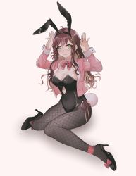 Rule 34 | 1girl, absurdres, animal ears, artist request, beige background, black footwear, black leotard, black pantyhose, breasts, brown hair, cleavage, commentary, commission, covered navel, embarrassed, english commentary, fake animal ears, fortissimo, green eyes, hair ornament, high heels, highres, jacket, leotard, long hair, looking at viewer, medium breasts, miori celesta, musical note, musical note hair ornament, open mouth, pantyhose, pink jacket, playboy bunny, rabbit ears, rabbit tail, second-party source, solo, tail, treble clef, tsunderia, virtual youtuber