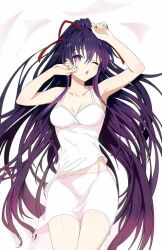 Rule 34 | 1girl, arms up, bed, date a live, long hair, looking at viewer, lying, miniskirt, one eye closed, open mouth, purple eyes, purple hair, red ribbon, ribbon, shirt, skirt, sleepwear, very long hair, white shirt, white skirt, yatogami tooka