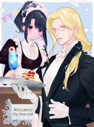 Rule 34 | 1boy, 1girl, andy bogard, black coat, black hair, blonde hair, blue eyes, bow, bowtie, butler, cake, cake slice, closed mouth, coat, cup, english text, food, frills, glasses, gloves, highres, holding, holding cup, holding plate, long hair, long sleeves, looking at viewer, maid, maid headdress, mitsumine yukari, mmts g, open mouth, plate, ponytail, puffy sleeves, purple hair, shirt, smile, the king of fighters, the king of fighters for girls, white bow, white bowtie, white gloves, white headdress, white shirt