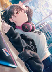 Rule 34 | 1girl, animal, arm up, basket, black cat, black hair, black hoodie, black jacket, black pants, blurry, blush, breasts, bush, carpet, cat, commentary request, computer, day, depth of field, dutch angle, fence, from side, hair ribbon, hand on forehead, headphones, headphones around neck, highres, hood, hoodie, hyuuga azuri, indoors, jacket, laptop, large breasts, laundry basket, long sleeves, looking at viewer, looking to the side, lying, midriff peek, navel, off shoulder, on back, on floor, open clothes, open jacket, original, pants, parted lips, red eyes, ribbon, shirt, short hair, sleeves past wrists, solo, white shirt, window