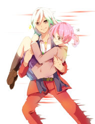 1boy 1girl bad_id bad_pixiv_id blue_hair blush braid brother_and_sister carrying gouenji_shuuya gouenji_yuuka inazuma_eleven inazuma_eleven_(series) inazuma_eleven_go long_hair multicolored_hair open_mouth pants princess_carry school_uniform shain_roki siblings twin_braids two-tone_hair white_hair