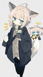 Rule 34 | ..., 1girl, absurdres, ahoge, animal ears, arknights, bag, bell, black coat, black jacket, black thighhighs, blue eyes, blush, blush stickers, bright pupils, brown hair, cable knit, chibi, closed mouth, coat, cropped legs, eating, food, fox ears, fox girl, fox tail, green scarf, hand in pocket, highres, holding, jacket, long sleeves, looking at viewer, multiple views, no pupils, notice lines, odmised, open clothes, open coat, open jacket, scarf, short hair, shoulder bag, simple background, speech bubble, spoken ellipsis, striped clothes, striped scarf, sussurro (arknights), sweater, sweet potato, tail, thighhighs, white background, white pupils