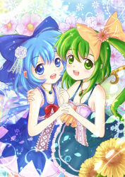 Rule 34 | 2girls, adapted costume, blue eyes, blue hair, bow, cheek-to-cheek, cirno, daiso, daisy, daiyousei, dress, fairy wings, floral background, flower, green eyes, green hair, hair bow, hair flower, hair ornament, holding hands, hand on another&#039;s shoulder, heads together, interlocked fingers, jewelry, looking at viewer, morning glory, multiple girls, necklace, open mouth, short hair, side ponytail, sleeveless, sleeveless dress, snowflakes, sparkle, touhou, wings