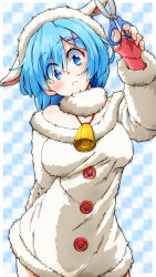 Rule 34 | 1girl, animal costume, aono3, arm behind back, bell, blue background, blue eyes, blue hair, checkered background, closed mouth, commentary, dress, eyes visible through hair, female focus, fingerless gloves, frown, fur-trimmed dress, fur collar, fur trim, gloves, hair ornament, hair over one eye, head tilt, highres, holding, holding scissors, long hair, looking at viewer, matching hair/eyes, neck bell, off-shoulder dress, off shoulder, pink gloves, re:zero kara hajimeru isekai seikatsu, rem (re:zero), scissors, sheep costume, sheep hat, short dress, short hair, solo, standing, white dress, white headwear, x hair ornament