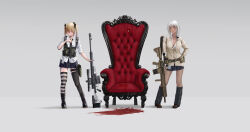 Rule 34 | 2girls, absurdres, accuracy international, ai ax rifle, ambiguous red liquid, ammunition pouch, asymmetrical legwear, battle rifle, belt, belt pouch, black footwear, black necktie, black ribbon, black scrunchie, black skirt, black thighhighs, boots, breasts, brown belt, brown cardigan, brown eyes, buckle, buttons, camouflage, camouflage belt, cardigan, chest rig, cleavage, commentary, cross-laced footwear, dark-skinned female, dark skin, desert camouflage, english commentary, eotech, folding stock, foregrip, full body, grey background, grey thighhighs, gun, gun sling, h&amp;k hk417, hair ornament, hair over shoulder, hair ribbon, hair scrunchie, hand on own hip, handgun, highres, holding, holding gun, holding weapon, holster, holstered, huge weapon, id card, knee boots, lace-up boots, large breasts, light brown hair, long hair, long sleeves, looking at another, looking to the side, loose necktie, magazine (weapon), miniskirt, mismatched legwear, multiple girls, muzzle device, necktie, open clothes, open collar, optical sight, original, partially unbuttoned, pleated skirt, pouch, ribbon, rifle, safety pin, scope, scrunchie, shadow, shirt, simple background, skirt, sleeves past elbows, sleeves rolled up, snap-fit buckle, standing, striped clothes, striped thighhighs, thigh holster, thighhighs, throne, twintails, two-tone thighhighs, untucked, untucked shirt, utility belt, vertical foregrip, weapon, white hair, white shirt, wide shot, xiao po qie, zettai ryouiki