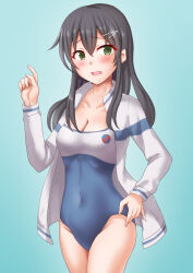 Rule 34 | 1girl, anti (untea9), aqua background, black hair, blue one-piece swimsuit, blush, breasts, competition swimsuit, covered navel, embarrassed, gradient background, grey eyes, hair ornament, hairclip, high school fleet, highres, kantai collection, long hair, long sleeves, looking at viewer, medium breasts, multicolored clothes, multicolored swimsuit, one-piece swimsuit, oyashio (kancolle), solo, sweatdrop, swimsuit, two-tone swimsuit, white one-piece swimsuit