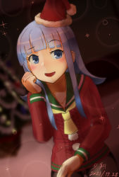 Rule 34 | 1girl, black pantyhose, blue eyes, blue hair, blurry, blurry background, christmas tree, commentary request, dress, fur-trimmed headwear, fur trim, green sailor collar, hat, hatsukaze (kancolle), highres, hime cut, kantai collection, lens flare, looking at viewer, neckerchief, official alternate costume, pantyhose, red dress, red hat, sailor collar, sailor dress, santa hat, solo, yellow neckerchief, yuushou