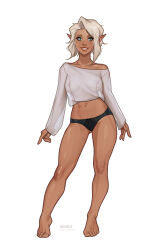 1girl barefoot black_panties blue_eyes breasts brown_lips collarbone commentary contrapposto critical_role crop_top dark-skinned_female dark_skin dungeons_&amp;_dragons dungeons_&amp;_dragons english_commentary fingernails full_body gluteal_fold gnome grey_hair grin highres lace lace-trimmed_panties lace_trim long_sleeves medium_breasts navel nipples no_bra olena_minko panties pike_trickfoot pointy_ears scar scar_across_eye see-through_clothes see-through_shirt shirt short_hair single_off_shoulder smile solo the_legend_of_vox_machina tiptoes toenails underwear