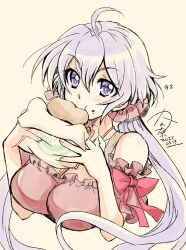 Rule 34 | 1girl, ahoge, blush, breasts, burger, cleavage, dress, eating, fast food, food, grey hair, hair between eyes, hair ornament, highres, holding, holding burger, holding food, kanna (plum), large breasts, long hair, looking at viewer, low twintails, open mouth, purple eyes, red dress, senki zesshou symphogear, simple background, solo, twintails, very long hair, white background, white hair, yukine chris